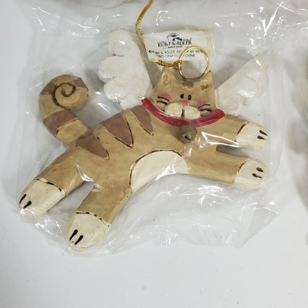 2 Kurt Adler Glitter Cat Angels Christmas Ornament Brown Orange Kittens New NIP